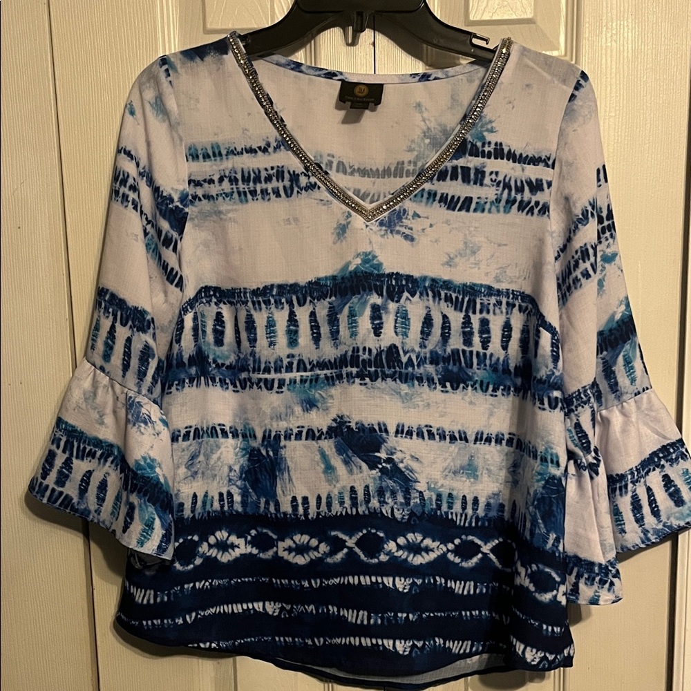 JM Collection Blue and White Tie-Dye Blouse